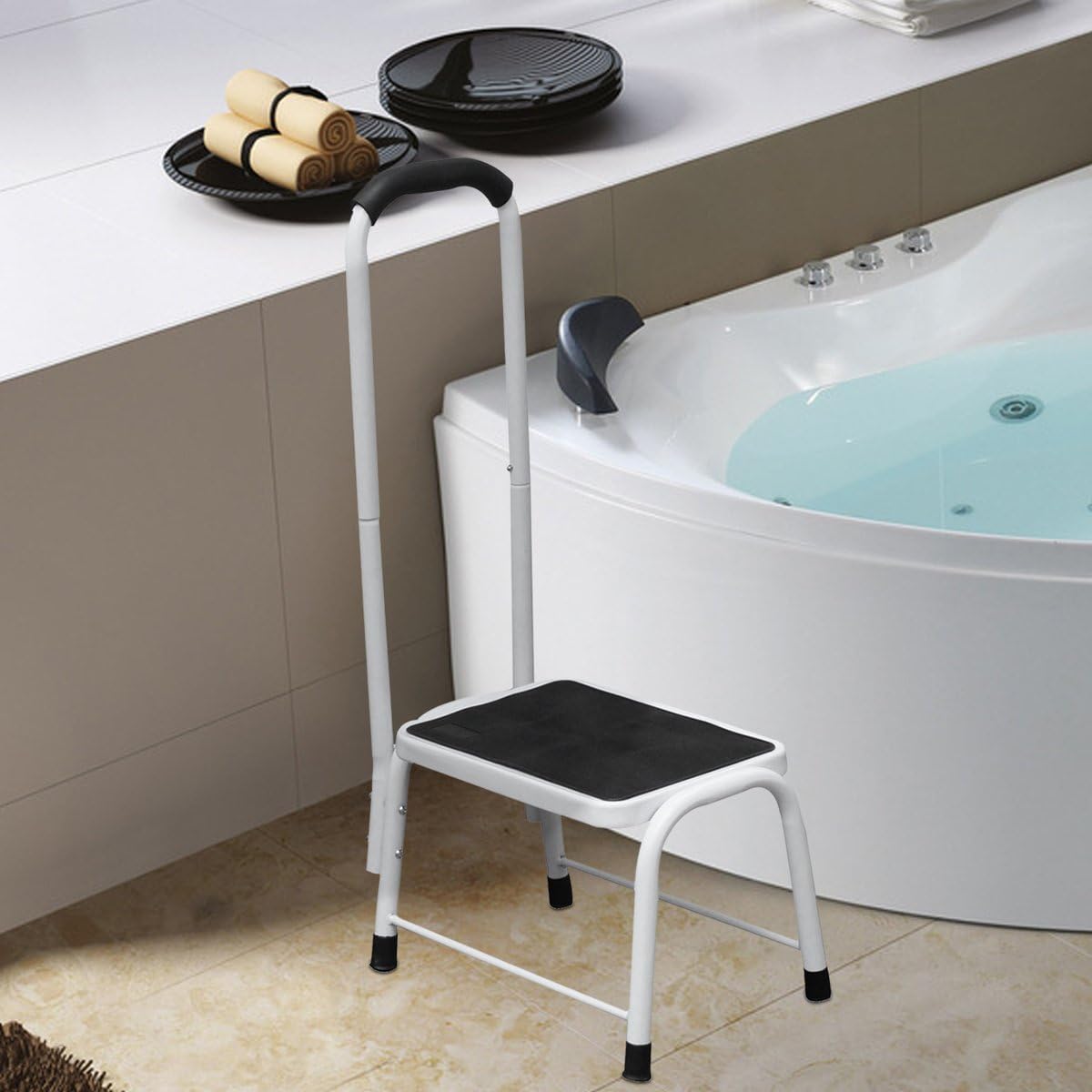 Non Slip Safety Step Stool Kitchen Bath Shower Mobility Aid Handrail Platform Support by