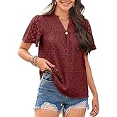 Falechay Womens Summer Tops V-Neck Short Sleeve Shirts Dressy Casual Babydoll Blouses Embroidered Eyelet Flowy Boho Clothing