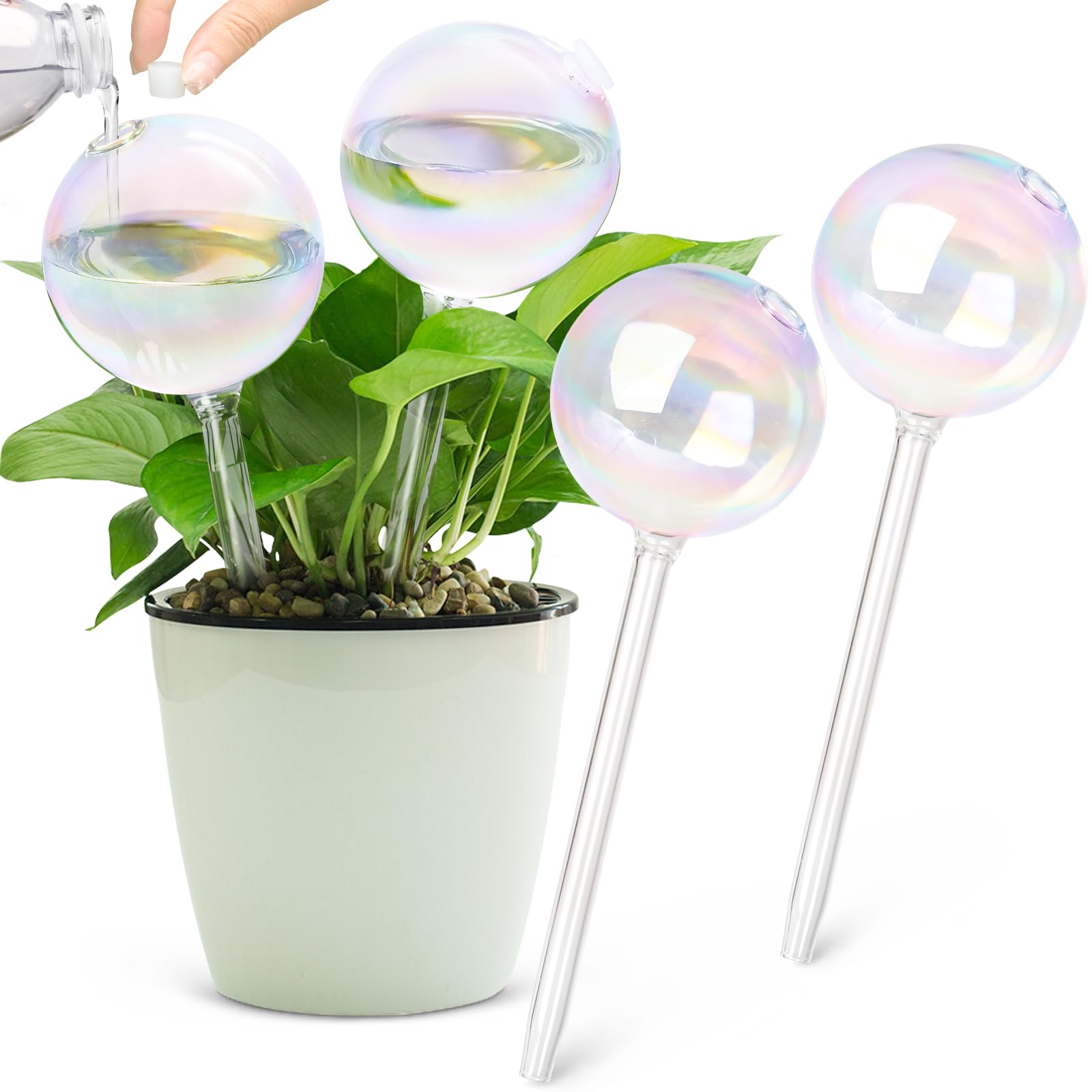 MOANYI Top Fill Plant Watering Globes, Self Watering Planter Insert Devices, Clear Glass Watering Bulbs for Outdoor Plants Indoor Plants, 6.4oz/190ml Capacity (Light Iridescent, Set of 4)