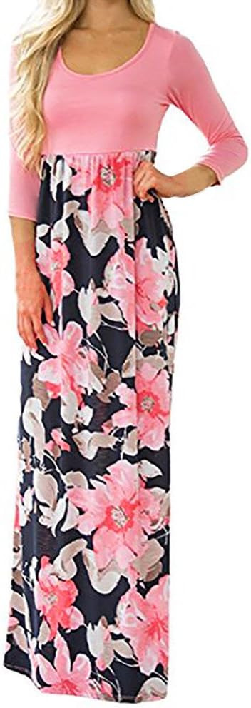 Women Sexy Sheer Long Sleeve Dress Split Floral Casual Beach Maxi Swing Sundress