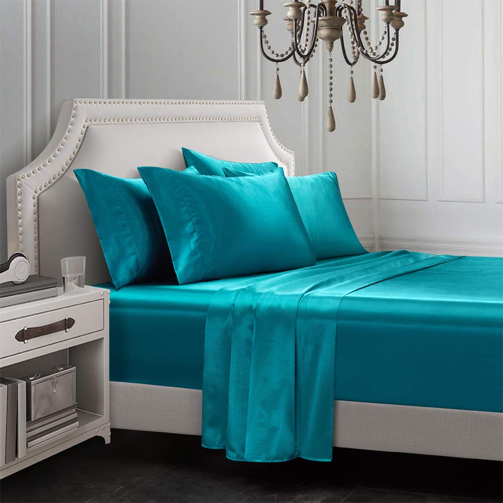 AiMay6 Piece Satin Bedding Sheet Set King Teal Deep Pocket 1800 Series Luxury Rich Silk Silky Super Soft Solid Color 4 Pillowcases Honeymoon Wrinkle Free (King,Teal)