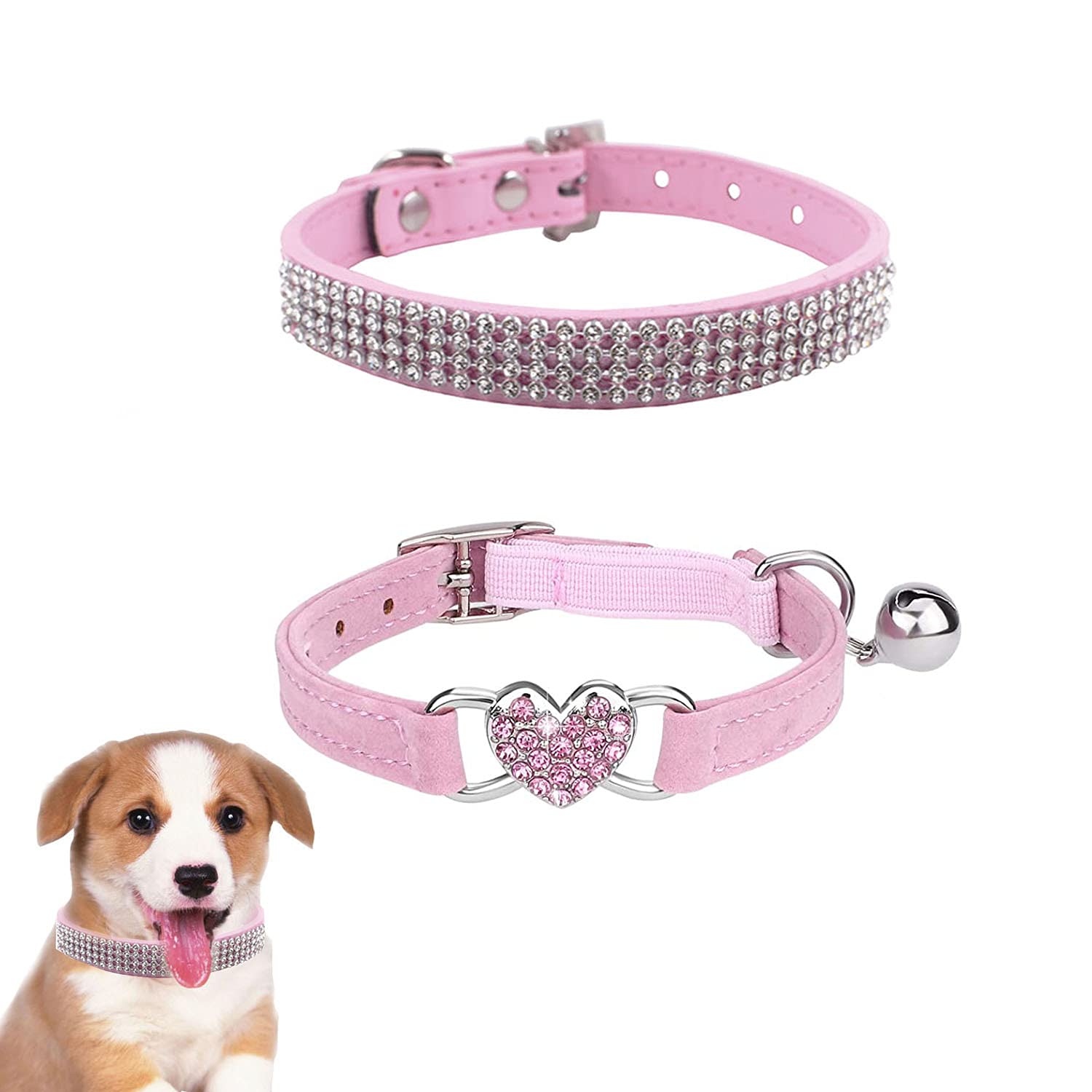 Pack of 2 Rhinestone Dog Collars Bling Glitter Leather Cat Collar and Adjustable Collar Made of Soft Velvet with Rhinestones Diamond Collar Pet for Small Dogs Cats Dog Decoration (Pink)