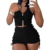 PYAEAS Summer Two Piece Outfits for Women, Casual Stretchy Ribbed Tank Crop Top Ruched Shorts Set Workout Tracksuits