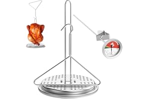 BBQ-PLUS Turkey Chicken Poultry Deep Frying Rack and Handle Lifter Hook for Deep Fry Pot Grill, Turkey Frying Stand Kits and Turkey Fryer Thermometer with Pot Clip for Turkey Chicken Fryer Accessories