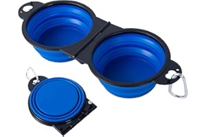SLSON Collapsible Dog Dual Bowls Reinforced Rim 180 Degrees Flip Over Foldable Double Bowl with Lock Clips More Stable Dog Travel Bowls Pet Food Water Feeder (Blue)