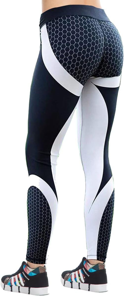 Yomsong New Mesh Pattern Fitness Women Printed Workout Slim Black White Leggings (S, Black)