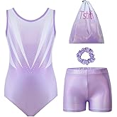 Tstiti Girls Gymnastics Leotard Set with Shorts and Scrunchie 4 Piece Sparkle Training Outfit for Dance Practice