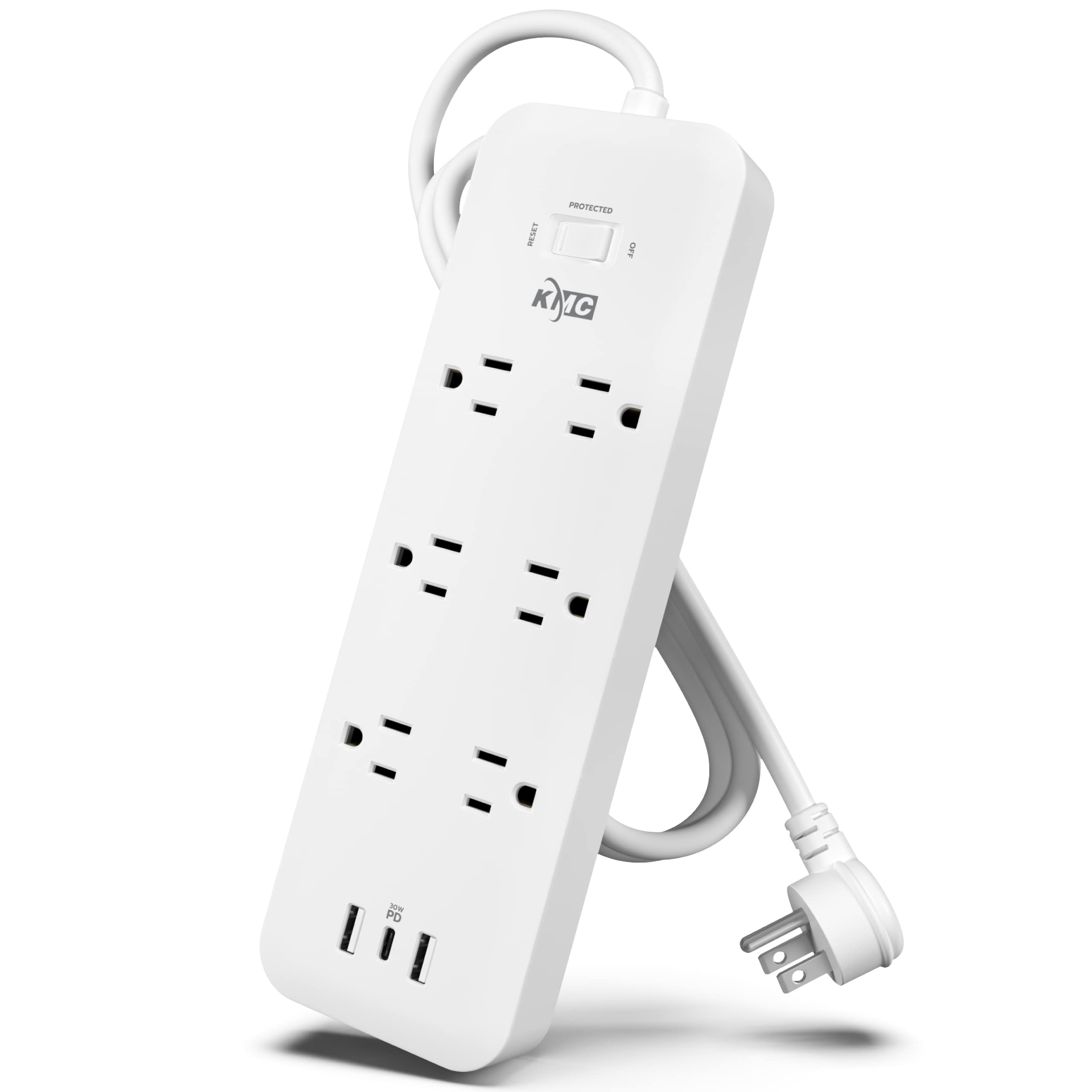 Photo 1 of KMC USB-C PD Surge Protector 6-Outlet Power Strip, 30W Power Delivery Port, 2 USB-A Ports, 980J Protection, 4-Foot Extension Cord, White