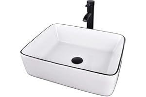 SOLIDEE Ceramic Bathroom Sink, White 19" x 15" Above Counter Porcelain Vessel Sink with Black Faucet and Pop up drain Set, Rectangle