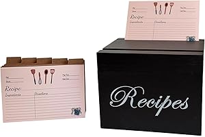 Wooden Recipe Box with 100 4x6 Recipe Cards and 5 Dividers, Black Vintage Card Holder with Double Slots, Wood Recipes Card Or
