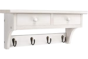 Emfogo Coat Hooks Wall Mounted, Rustic Wood Coat Rack Wall Mount Shelf with Hooks, Farmhouse Wall Coat Rack with Shelf & Coat Hook for Entryway, Mudroom, Bedroom, Kitchen, Bathroom (White)