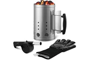 CADARA Charcoal Chimney Starter Set Charcoal Chimney Lighter Can A 1472℉ Heat Resistant Grill Glove Portable BBQ Fan Air Blower Outdoor Cooking Charcoal Barbecue Holder Accessories