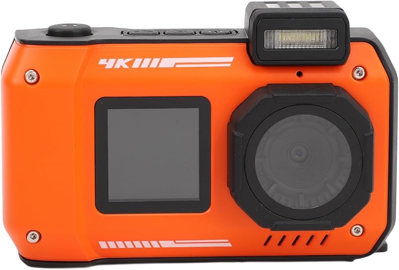 Dpofirs 4K Underwater Camera 65MP Dual Screen 33FT Waterproof Orange Floatable