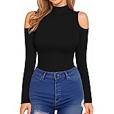 HERLOLLYCHIPS Mock Neck Tops for Women Cold Shoulder Long Sleeve Ribbed Knit Tight Stretchy Sexy Dressy Casual T-Shirts