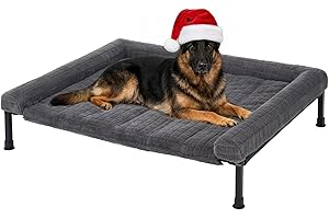 Veehoo Elevated Dog Bed Large Sized with Fluffy Plush Bolster Cushion, Washable Orthopedic Dog Couch Bed, Cooling Raised Pet Cot with Removable Mat, Breathable Mesh, No-Slip Feet, 45 x 34 inches, Grey