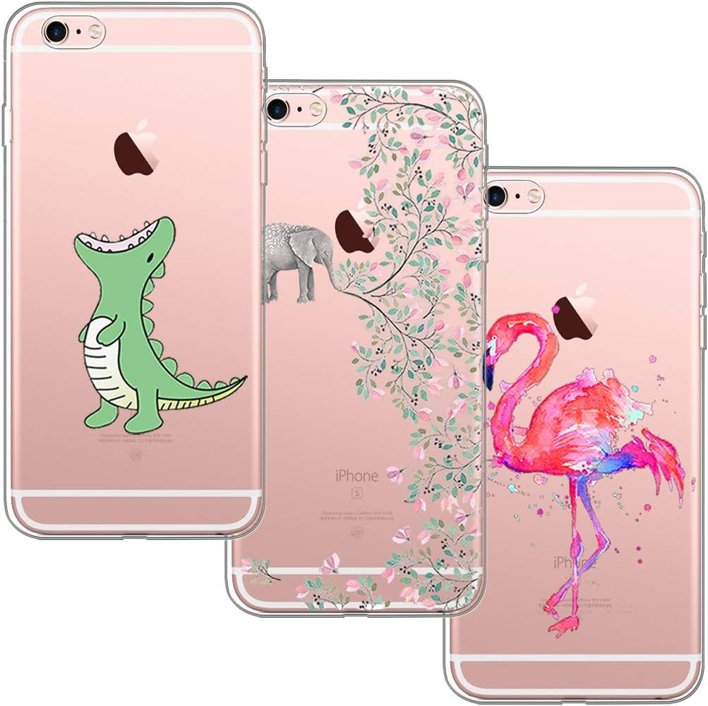 [3 Pack] iPhone 6 Plus Case, iPhone 6S Plus Case, Shumeifang® Ultra Thin Soft Gel TPU Silicone Case Cover with Cute Cartoon for Apple iPhone 6 Plus / 6S Plus - Crocodile & Elephant Flowers & Flamingo