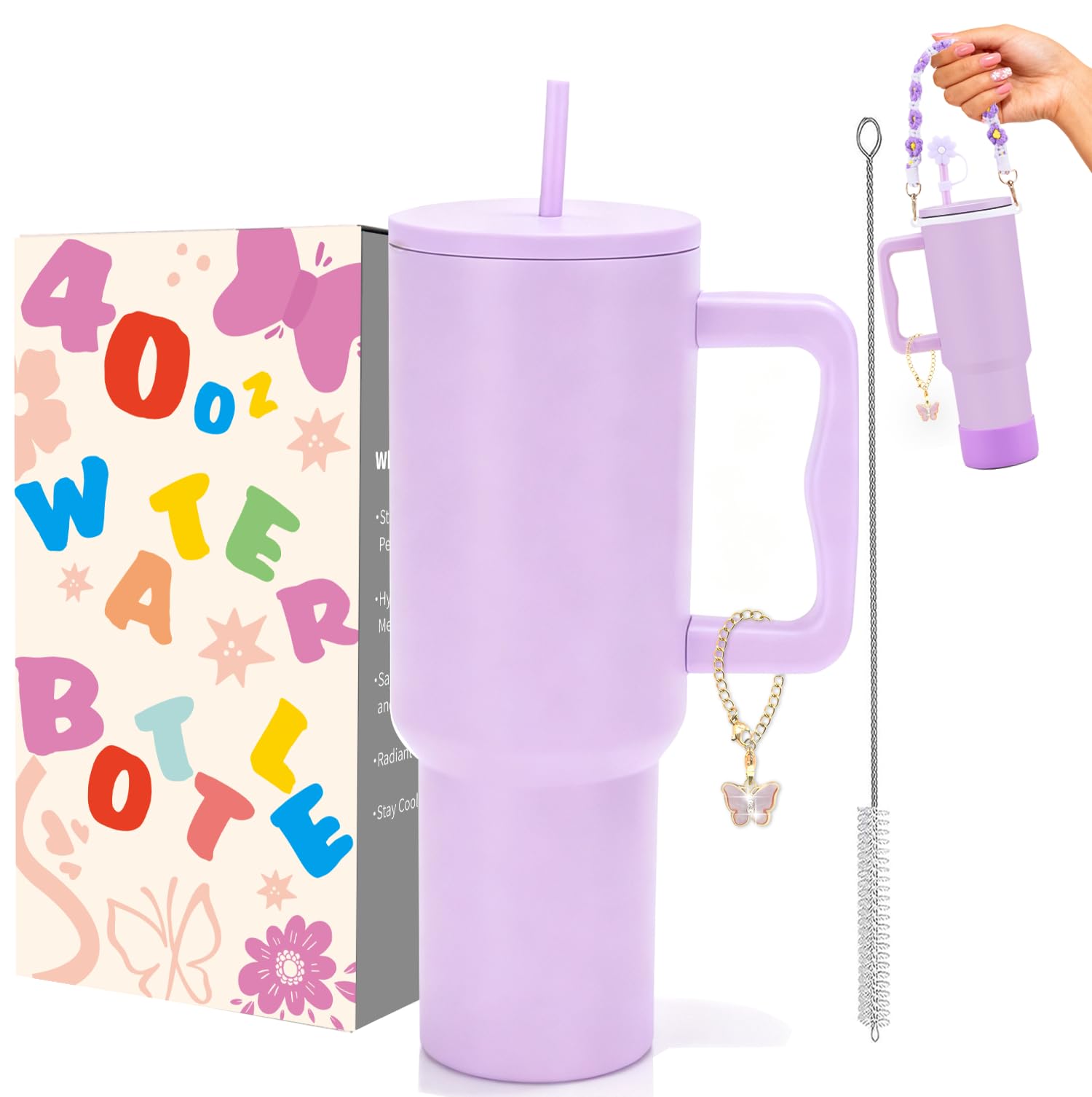 Sanilinwild 40 oz Tumbler Travel Mug Coffee Cup with Handle and Straw/Stainless Steel Double Wall Vacuum Insulated for Cold Hot Coffee -Easy to Carry-Holiday Gifts for Women Men 6PCS (Lavender)