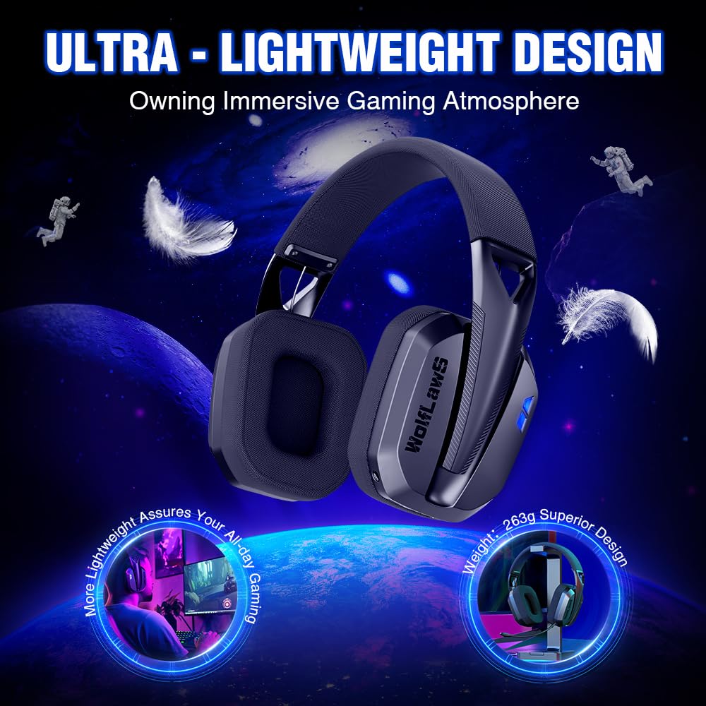Wireless Gaming Headset for PC, PS5, PS4, Mac, Switch, Bluetooth Over-Ear Headphones with Detachable and Built-in Mics, Low Latency, Lightweight, 48H Battery, Noise Isolation - Black