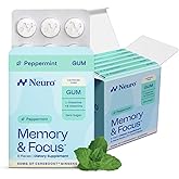 Neuro Memory &amp; Focus Gum, Peppermint, 54 Count | Caffeine Free Brain &amp; Memory Support Supplement, 50mg Cereboost Ginseng &amp; 60mg L-Theanine, B Vitamins, Sugar Free &amp; Vegan