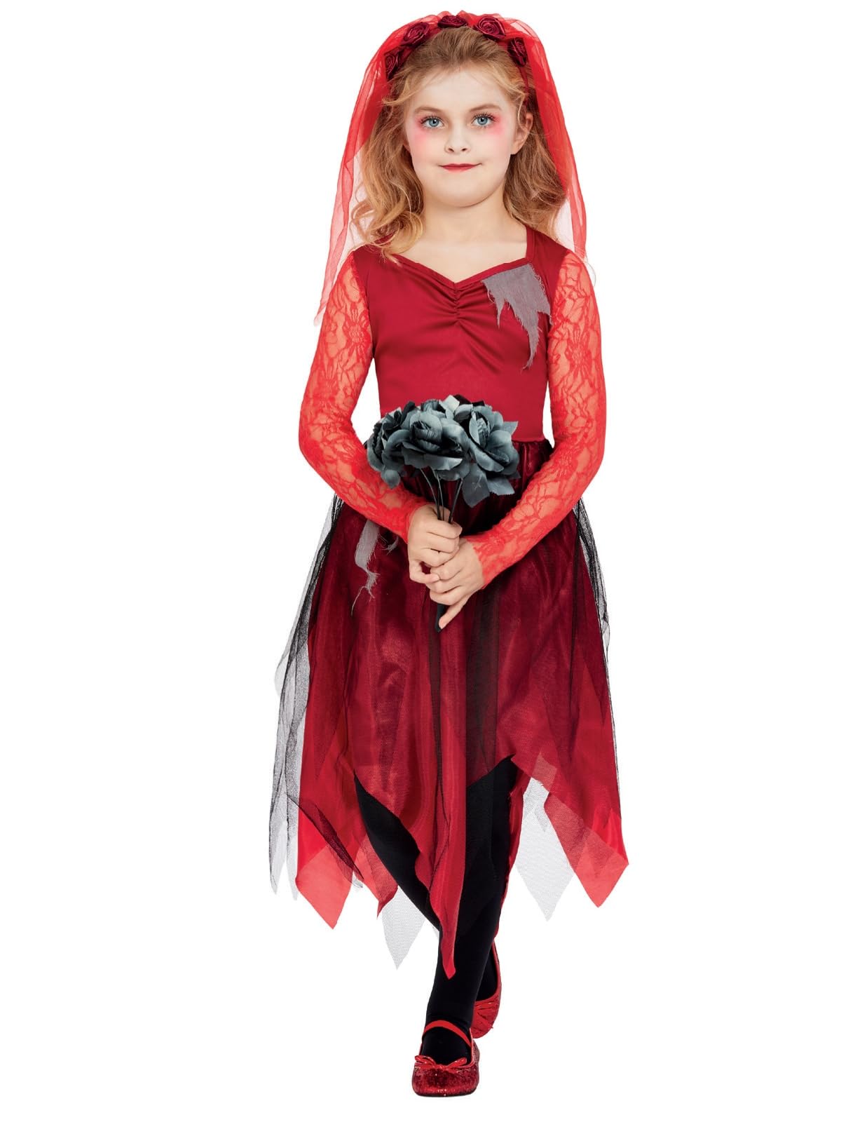 Smiffys Grave Yard Bride, Red Dress & Veiled Headband, Halloween Child Fancy Dress, Zombie Dress Up Costumes