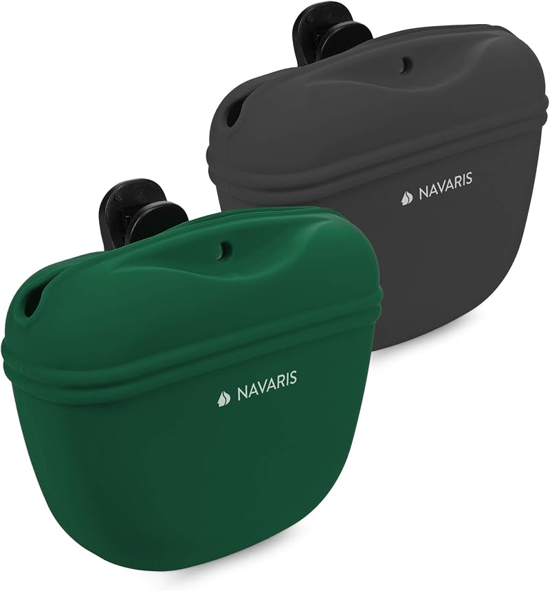 Navaris Silicone Dog Treat Pouch 2 Pack Clip Magnetic Closure Green Grey