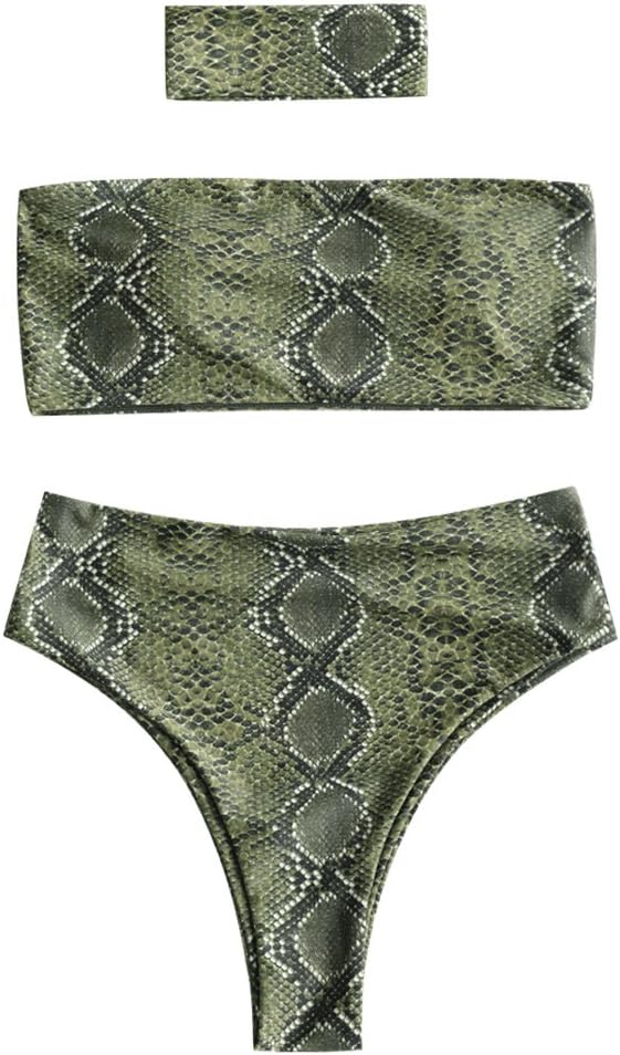 ZAFUL Women's Strapless Leopard Print High Cut Two Piece Bandeau Bikini Set