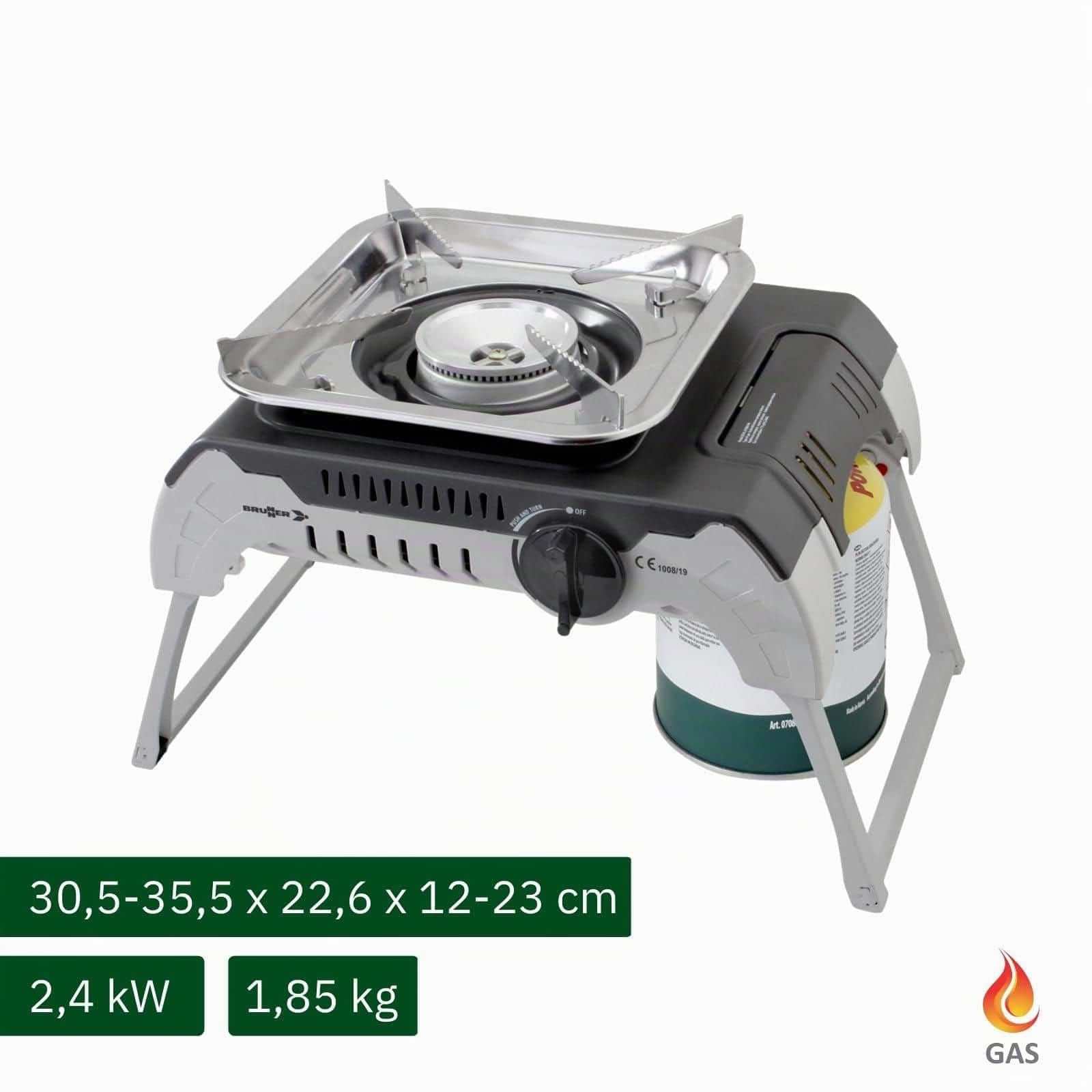 Brunner 0708014N Devil 450 Tragbarer Camping-Gaskocher, faltbar, Verwendung mit Kartuschen mit Gewinde von 450 g, Leistung 2,4 kW, mit Transportkoffer, Grau 2