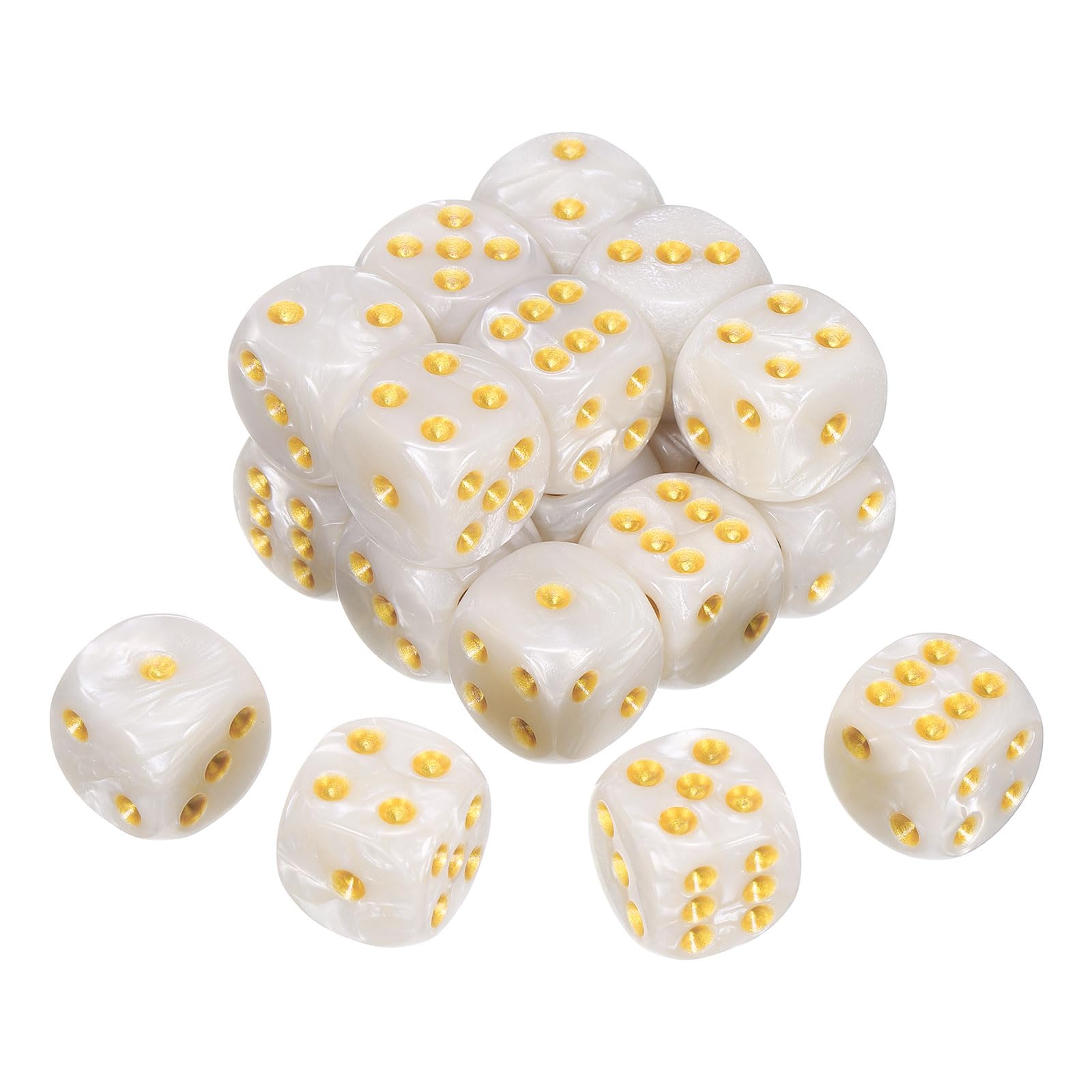 sourcing map 20Pcs 6 Sided Colored Standard Dice, Acrylic D6 Mini Polyhedral Pearl Pattern Game Dice Set for Table Games, White/Gold Point