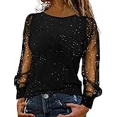 Women Sequin Mesh Long Sleeve Shirts Shiny Print Off Shoulder Cold Loose Sleeve Tops Casual Elegant Dressy Blouse