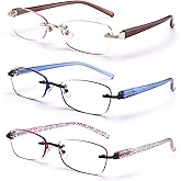 FEIVSN 3-Pack Rimless Reading Glasses For Women, Lightweight Spring Hinge Readers, Classic Elegant Artistic Eyeglasses UV 400