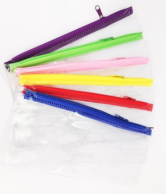 12 x Clear Pencil Cases with Colourful Zip. Size 22.5 x 10cm. Choice