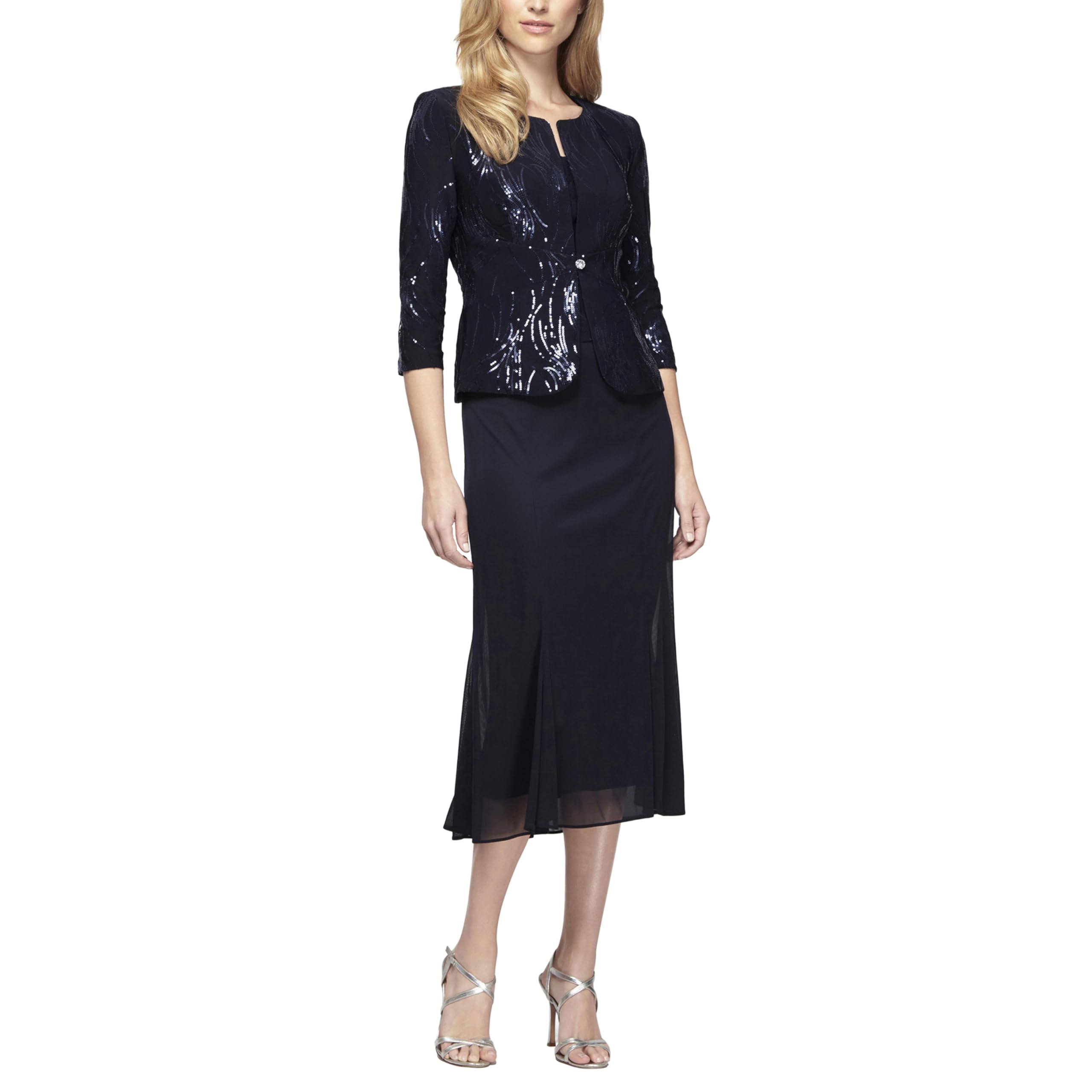 Alex Evenings Women’s Tea Length Mock Jacket Dress with Button Front, Navy Sequin, 6