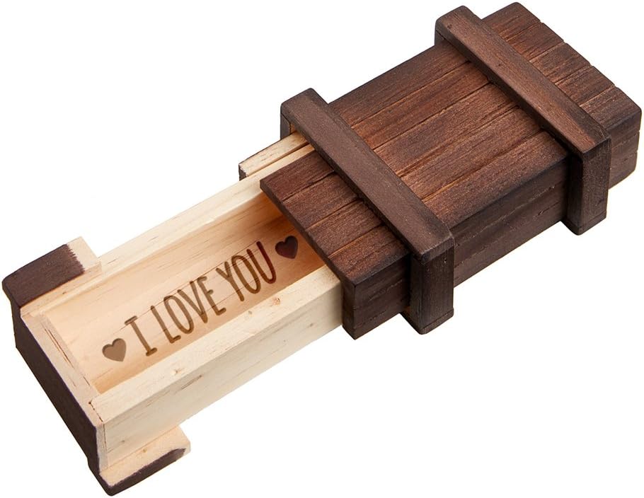 Wooden Puzzle - Magic Gift Box - Romantic Engraving: I Love You - Brain Teaser - Valentine's Day - Jewellery Box - Color: Dark Wood