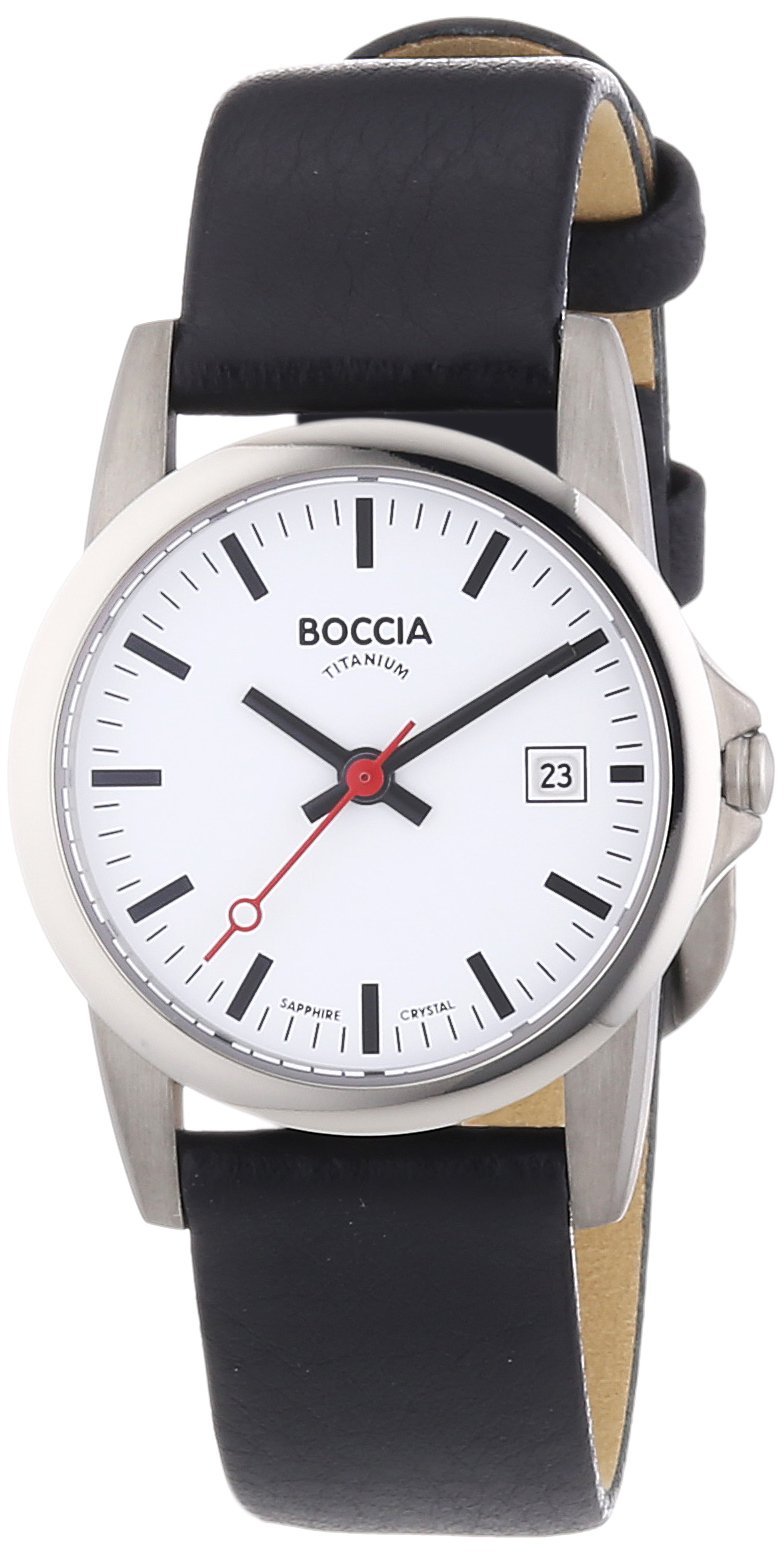 Boccia Ladies Quartz Watch with White Dial Analogue Display and Black Leather Strap B3080-07