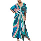 IMAGEKOPE Moroccan Print V-Neck Batwing Kaftan Women's Plus Size Loose Fit Beach Dress Bathing Suit Cover Up Loungewear