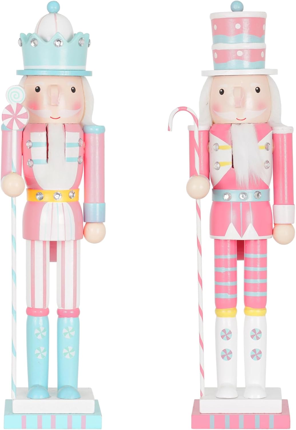 Nutcrackers - SUNSHINE DECOR Nutcracker Christmas Decor 15-Inch Wooden King and Soldier Pink-Blue Nutcracker Figure Ornaments for Table Mantel Chrismtas Tree Decorations (2PCS)