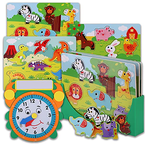 Wooden Toddler Puzzles and Rack Set - 3 Pack with Storage Holder Rack and Learning Clock - Kids Preschool Peg Puzzles for Children Boys Girls – Safari, Dinosaur Farm Animals Shape Puzzle for Toddlers