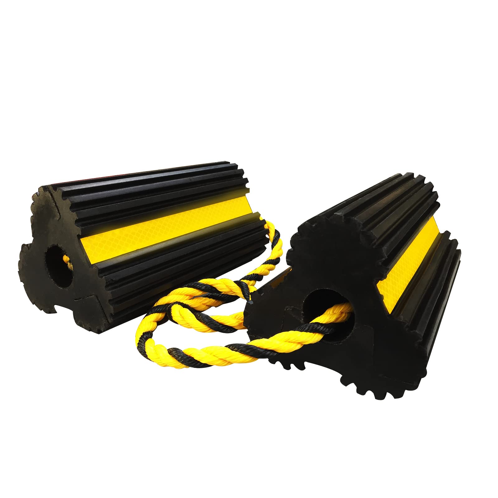 Photo 1 of ROBLOCK Heavy Duty Wheel Chocks, Rubber Wheel Block Non-Slip Base with Nylon Rope Yellow Reflective Tape - 1 Pair Black, Wheel Stoppers for Travel Trailers, RV, Aircraft, Car, Camper, Truck