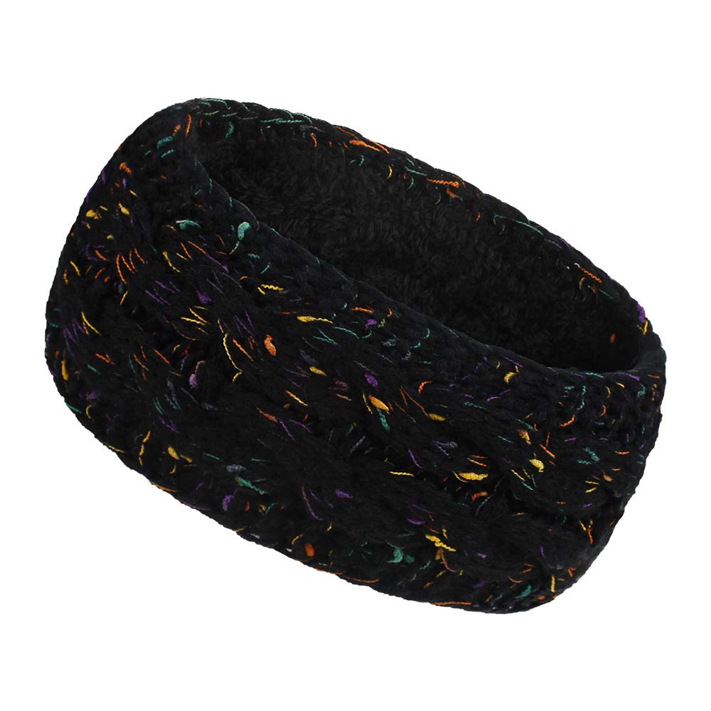 Women Ear Warmer Headband Fleece Lined Winter Warm Knitted Thick Hairband Thermal Headbands Elastic Hair Wrap (A-Black)