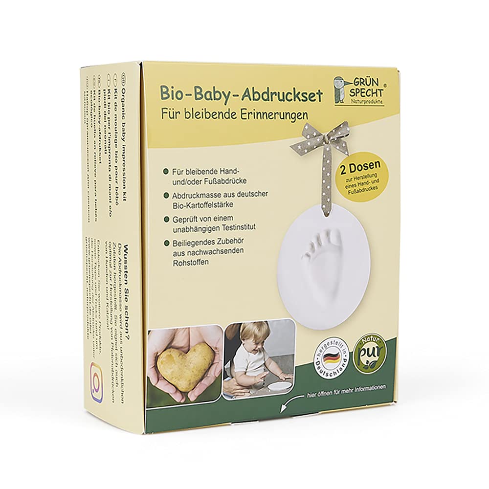GRÜNSPECHT Organic Baby Impression Set, 2 Cans of Impression Compound & Accessories, Baby Handprint & Footprint, Made of Certified Organic Potato Starch, Gift Birth (679-00)