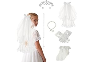 6 Pcs First Communion Veil for Girls Catholic Set - 1st Communion Veil Crown Rosary Necklace & Bracelet Gloves Socks Accessor