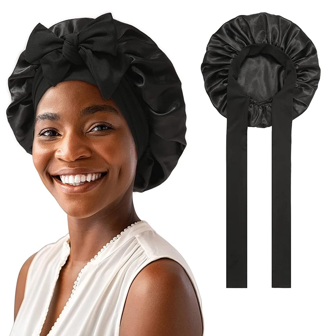 Silk Sleep Bonnets for Women, 1PC Satin Bonnet, Adjustable Satin Night Sleeping Cap Soft Elastic Band Silk Bonnets for Sleeping, Hair Bonnet with Tie Band for Curly Hair Braid Women, Black