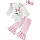 Lamuusaa Newborn Baby Girl Easter Outfit My 1st Easter Romper Ruffle Bunny Onesie Flared Pants Headband Easter Clothes 0-18M