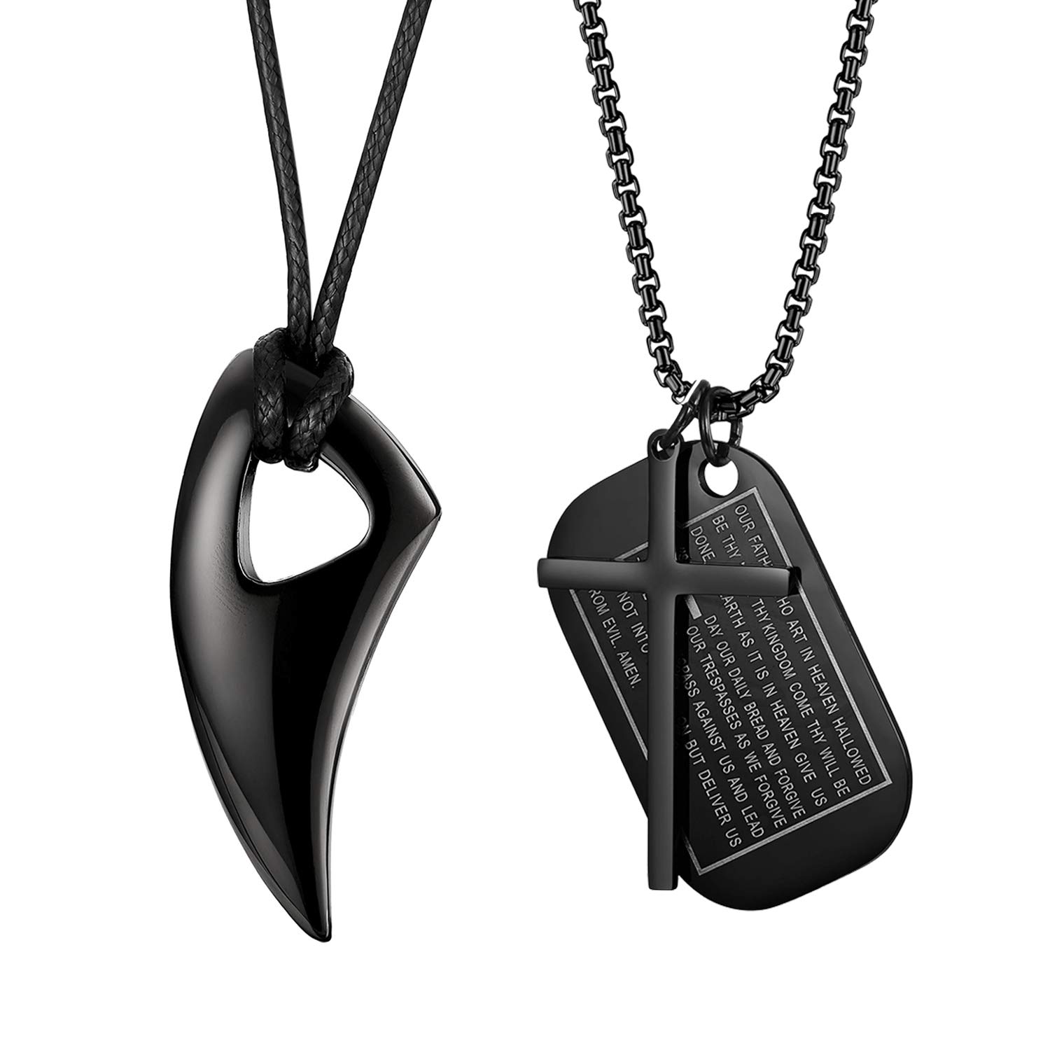 Cupimatch Men's 2 Pcs English Bible Dog Tags Cross Prayer Pendant Necklaces, Stainless Steel Tribal Wolf Teeth Pendant Necklace Chain 24"