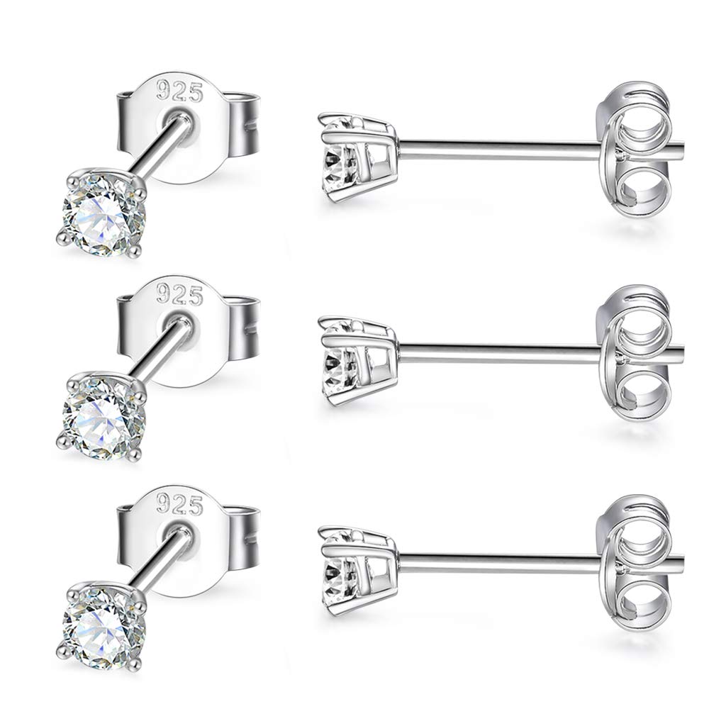 CERSLIMO Silver Stud Earrings for Women Men Girls, 3 Pairs Sterling Silver Tiny Cubic Zirconia Stud Earrings Small Dainty Cartilage Tragus Sleeper Earrings Set (4mm, Silver)