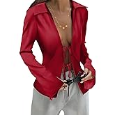 Womens Tie Front Satin Silk Blouse Sexy Deep V Neck Long Sleeve Open Front Club Tops Y2k Going Out Shirts