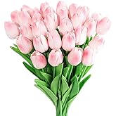 Kisflower 30Pcs Latex Tulips Real Touch Pink Artificial Flowers Fake Tulips Arrangement Bouquet for Home Office Wedding Decor (Pink)