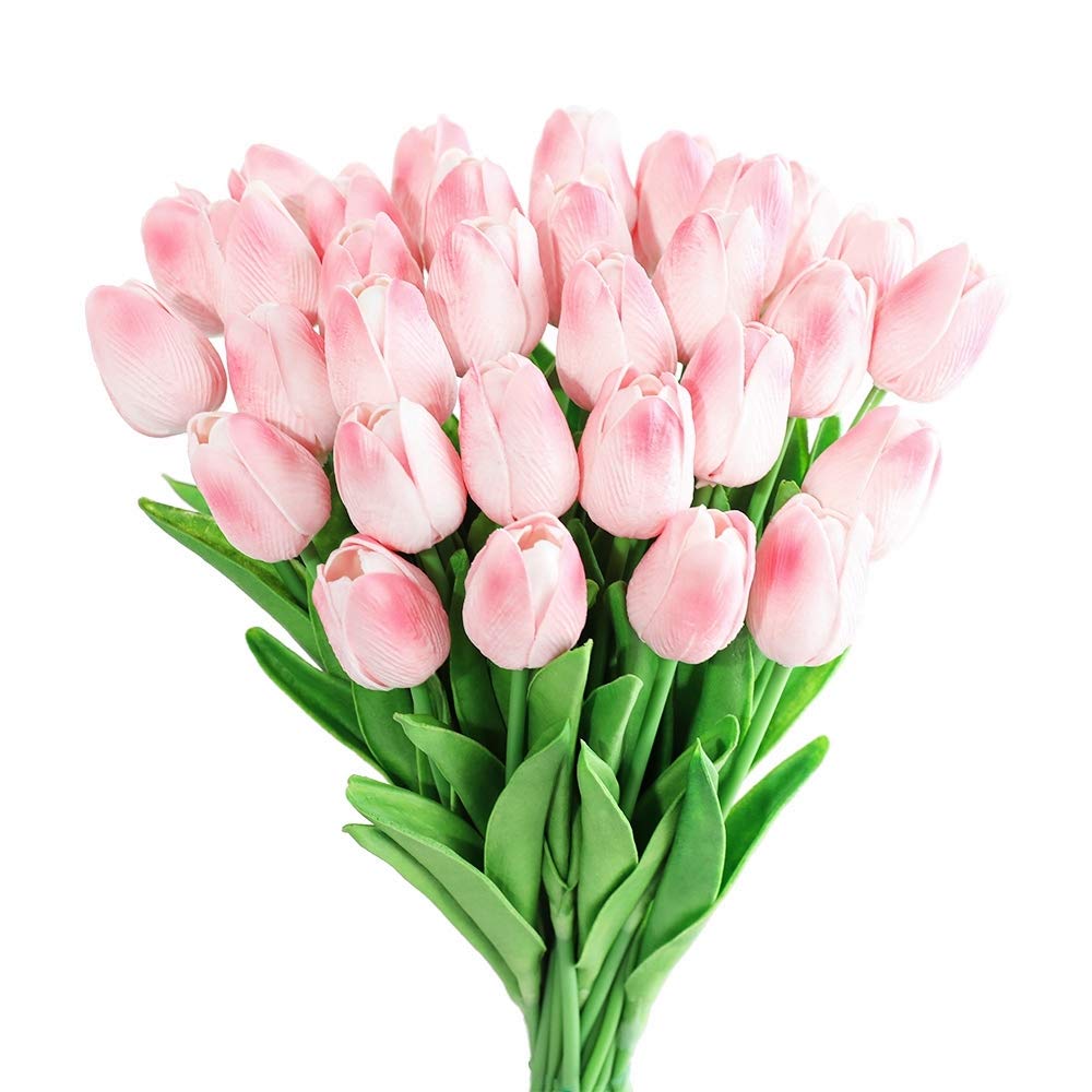 Kisflower 30Pcs Artificial Latex Tulip Flowers Fake Tulips Bouquet Real Touch Flowers for Decor (Pink)