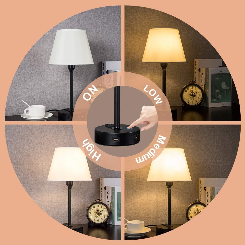 ZEEFO Touch Control Table Lamp Built in Dual USB Ports & AC Outlet, White Fabric Shade 3 Way Dimmable USB Nightstand Lamp, Two Edison LED Bulbs Included Bedside Lamps for Bedroom, Living Room (2 Pack) - - 