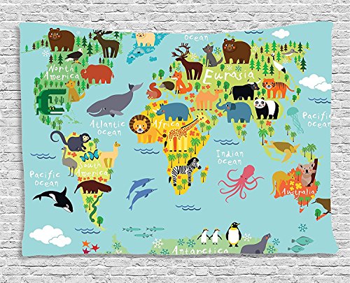 Wanderlust Decor Tapestry, Distribution of Animals Map Of The World For Children And Kids Cartoon Mountains Forests, Wall Hanging for Bedroom Living Room Dorm, 80 W X 60 L, Multicolor